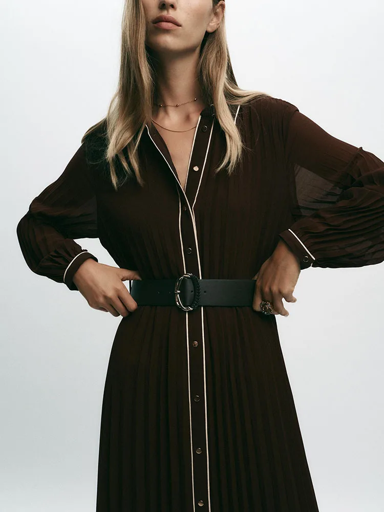 Vestido Midi de Manga Longa Faionável para Mulheres, Nova Chegada de Outono, Vestido Psado com Cinto, Estilo E e ...
