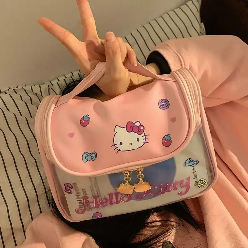 MINISO Hello Kitty Borsa per trucco portatile Borsa portaoggetti trasparente per bagno da viaggio di grande capacità per ragazze