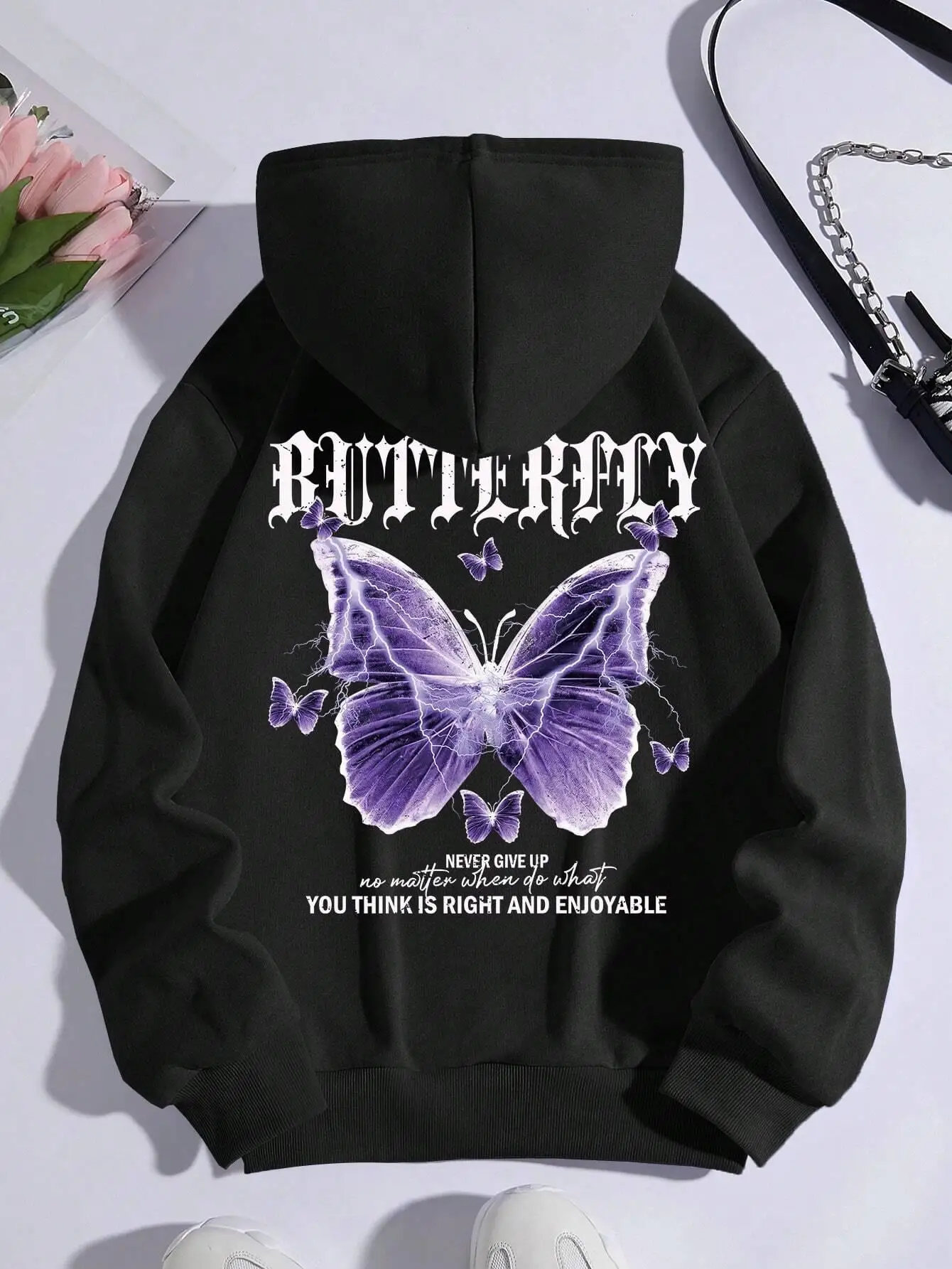Mooie paarse vlinder afdrukken hoodies dames fleece zak hoody eenvoudige casual hoodie herfst losse vrouwelijke streetwear