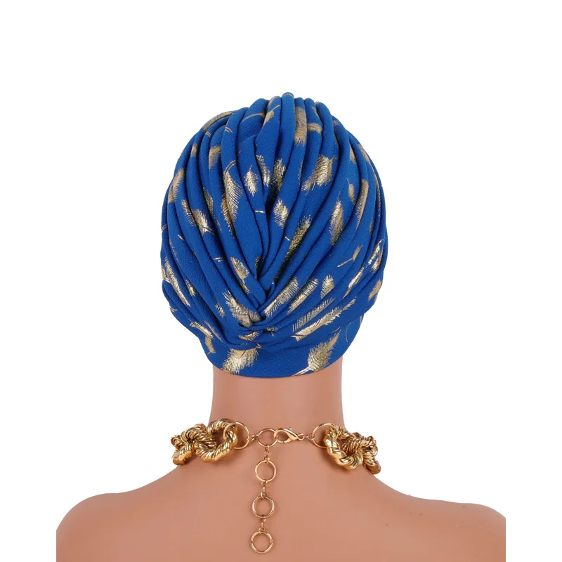 Pena ouro carimbo tecido turbante boné para mulheres africano envoltório cabeça bonnet muçulmano sob cachecol chapéu turbante mujer