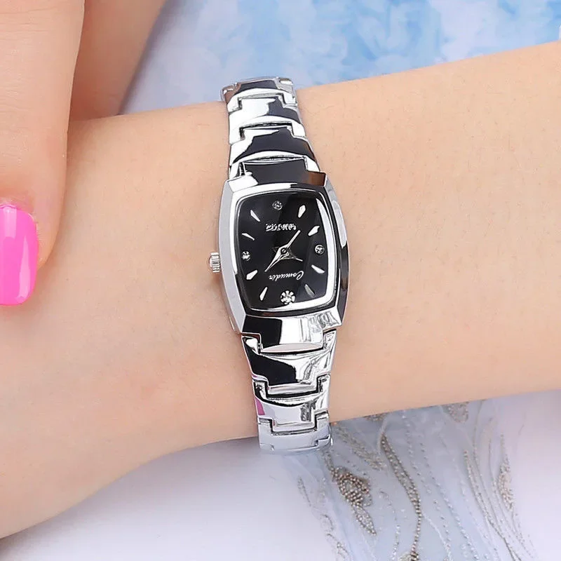 Reloj de cuarzo elegante para mujer, reloj de pulsera clásico de lujo de oro rosa y tungsteno de acero inoxidable con banda de Color para mujer