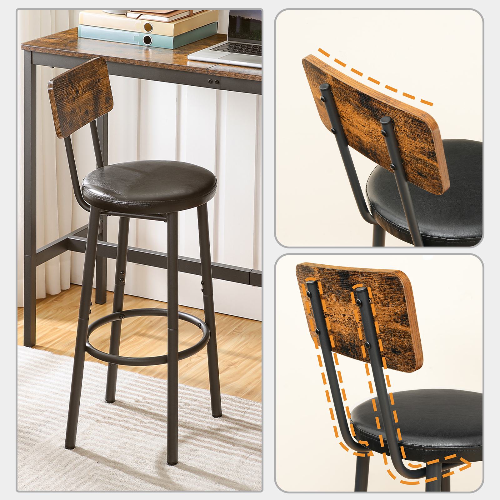 OBRO-Chaises de Bar avec Dossier, Ensemble de 2 Pièces, en PU, avec Repose-Pieds, pour Cuisine et Salon