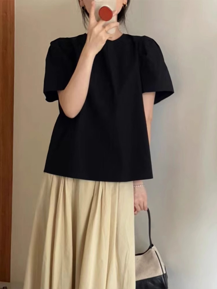 Csa E com Mangas em Bolha Pretas Design de Moda Fena Top Chic com Nó Estilo de Trabalho Csa de Manga Curta