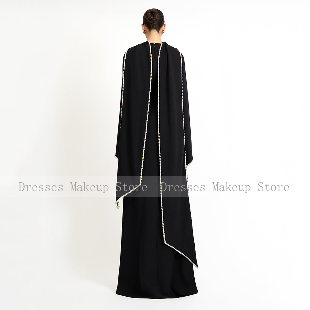 Robe de soirée de mariage élégante noire, ligne A, perles, manches longues, col rond, châle Long, robe de soirée formelle de l'arabie saoudite