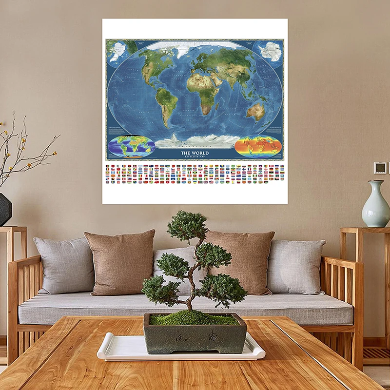Póster de mapa del mundo sin marco con banderas, arte de pared, pintura decorativa, suministros escolares de viaje, decoración del hogar y el aula