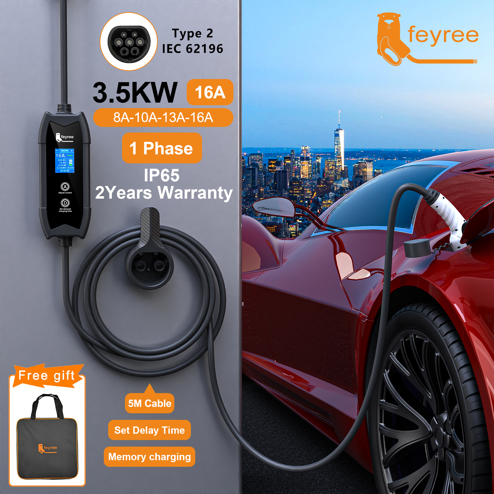Feyree EV Charger Type2 3.5KW 16A Caja de carga portátil Conjunto de corriente y tiempo de retardo de 5M Cable para cargador de vehículo eléctrico