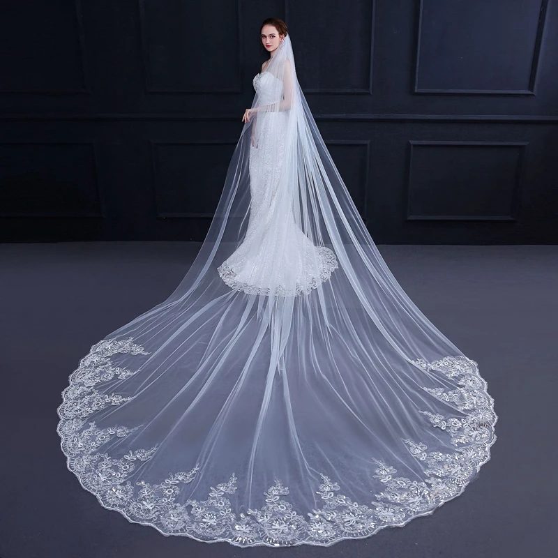 Véu de casamento catedral branco marfim, 3/4/5 metros, longo, borda de renda, véu de noiva com pente, acessórios de casamento, noiva, véu de casamento