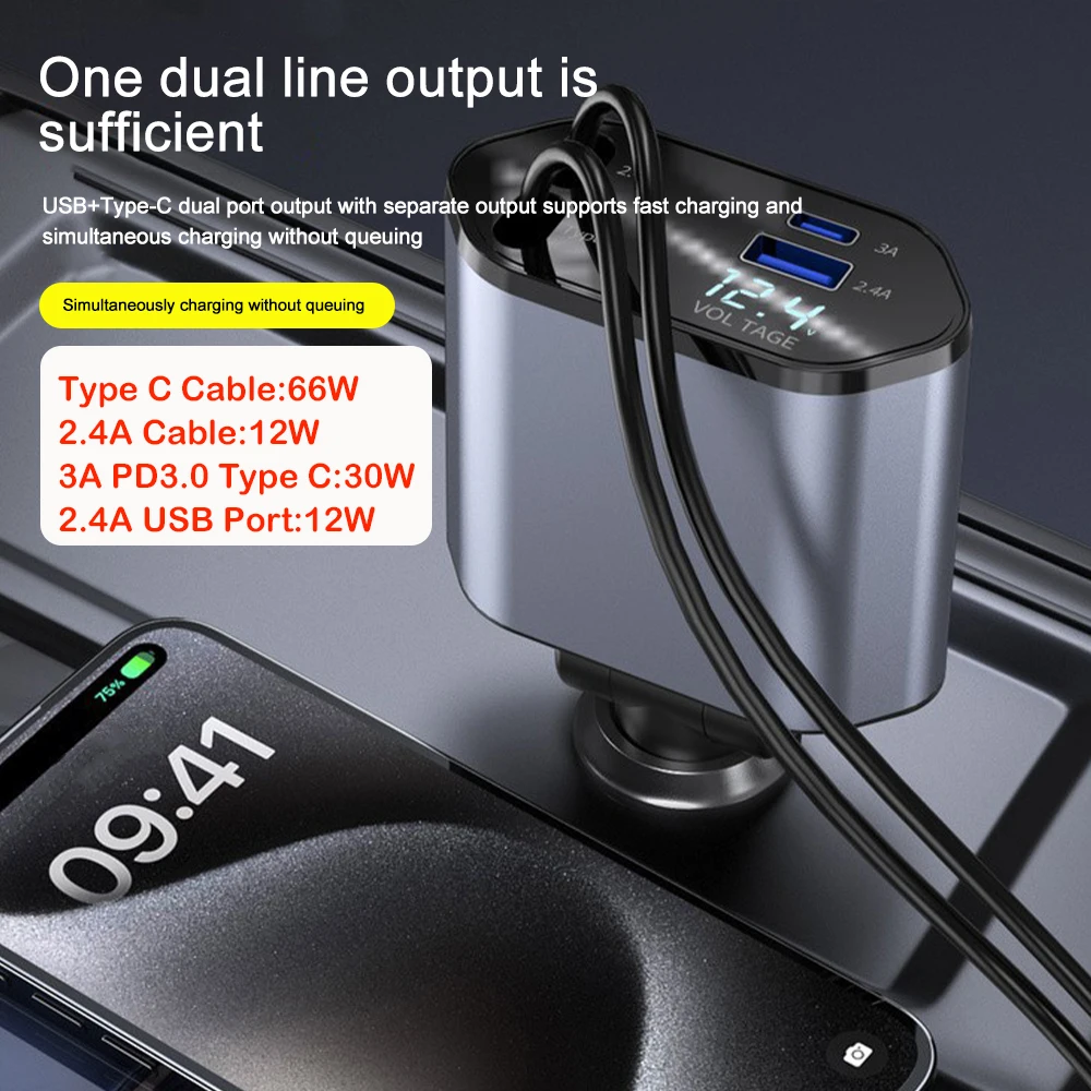 Carregador de telefone para carro 4 em 1, 120w tipo c 66w + 2,4a, cabo de carregamento com cabos retráteis com display volt para iphone, huawei, samsung