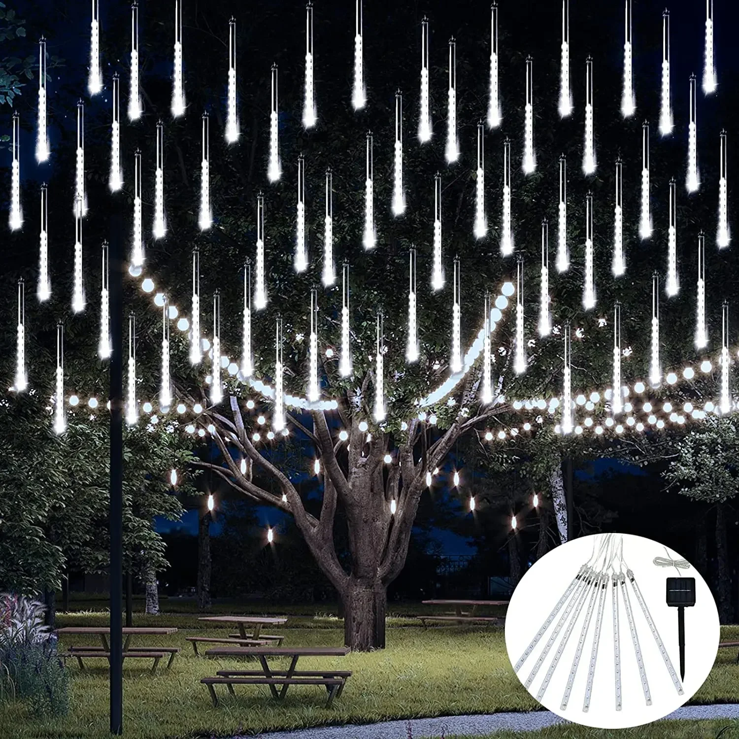 Luces solares de lluvia de meteoros, luces de meteorito para exteriores, 10 tubos, impermeables, LED, caída de lluvia, Navidad, Halloween, guirnaldas de luces