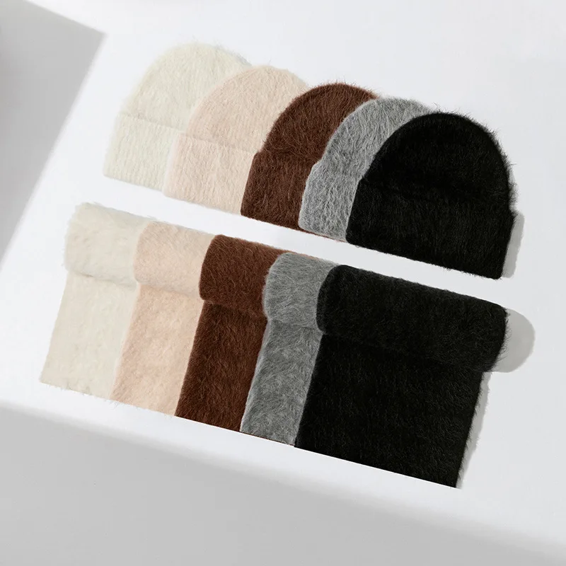 ปุย Alpaca ขนสัตว์ Beanies ผ้าพันคอชุดผู้หญิงหมวกถักอบอุ่นสองชิ้นฤดูหนาว
