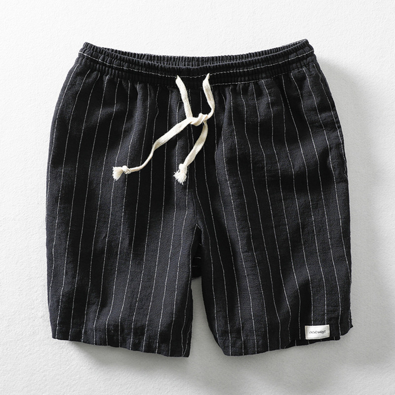 Pantalones cortos de lino y algodón para hombre, Shorts informales, transpirables, cómodos, a rayas, con cordón, para vacaciones y playa, Verano