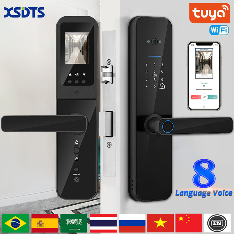 XSDTS Tuya Wifi cerradura de puerta inteligente electrónica Digital con cámara biométrica huella dactilar tarjeta inteligente contraseña desbloqueo de llave
