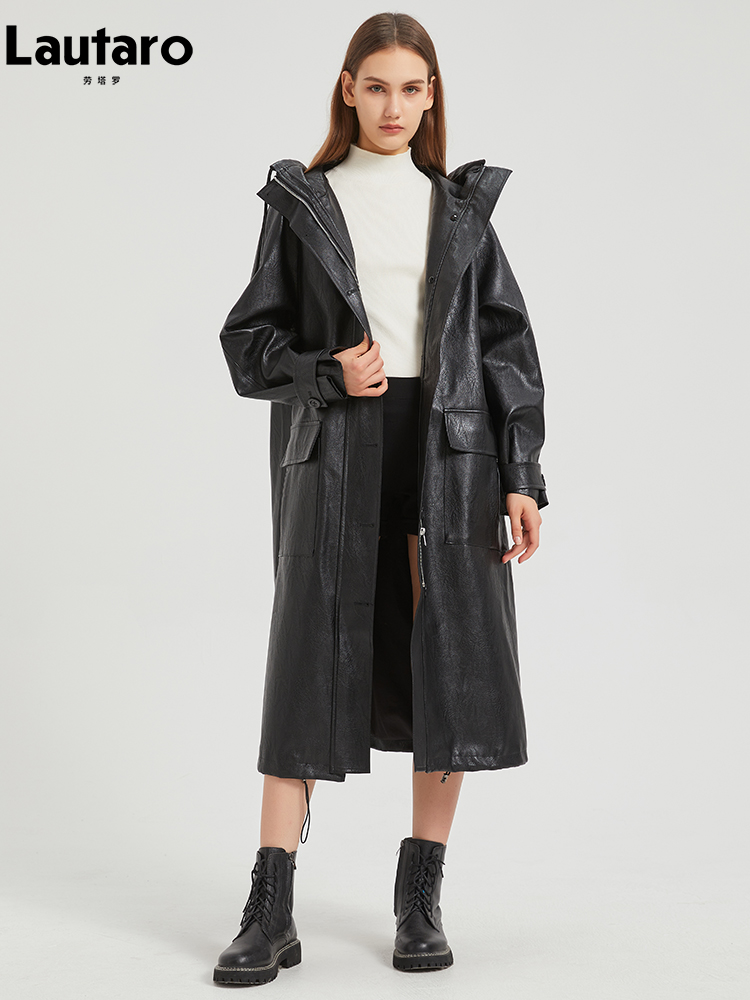 Lautaro-Manteau long en cuir PU imperméable pour femme, coupe-vent avec capuche, fermeture éclair, noir, décontracté, printemps, automne, 2024