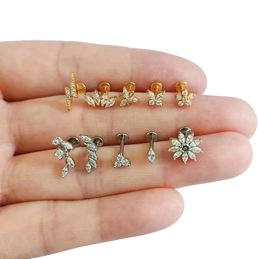 ASTM F136 G23 flor de titanio Luna mariposa sin rosca Piercing relámpago Pin Push in labio Stud Daith Concha pendiente 16G 18G 20G