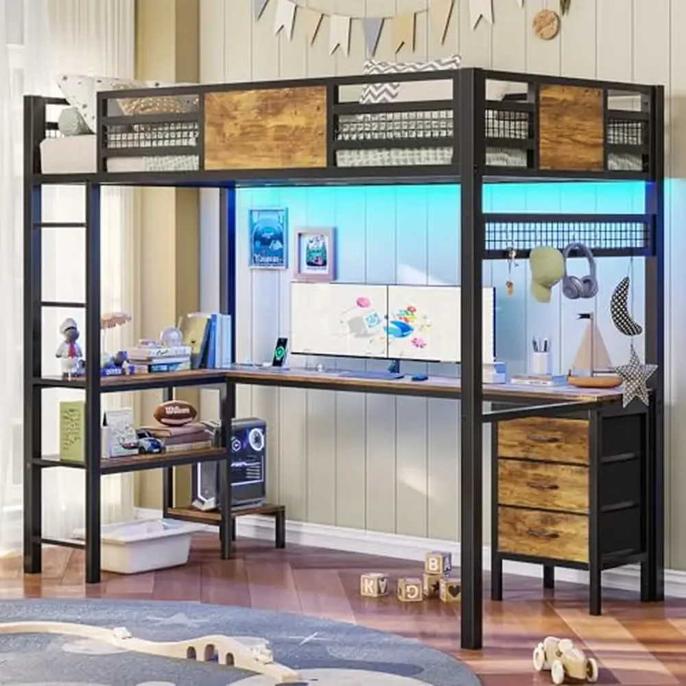Twin Size Loft Bed with L-Shaped Desk LED Lights Charging Station Fabric Drawers & Shelves 400lbs Capacity Modern Black Metal