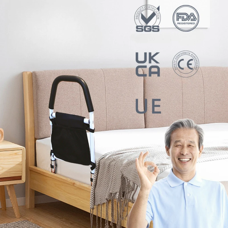เหล็กคาร์บอน Anti-SLIP ข้างเตียง Handrail ไม่มีเจาะเตียง Assist Bar พับยืน Aid Rail เก็บกระเป๋าสุทธิสําหรับผู้สูงอายุ
