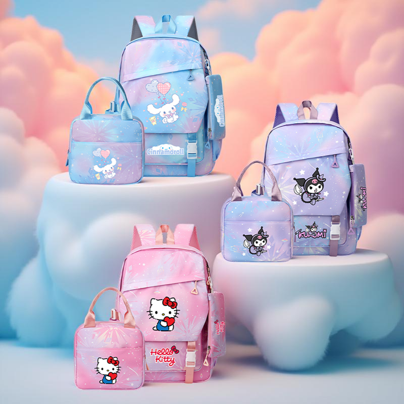 Conjunto de mochila linda de 3 piezas: conjunto de mochila Kuromi Hello Kitty Cinnamoroll con bolsa de almuerzo, bolsa de lápices, mochila escolar para niños