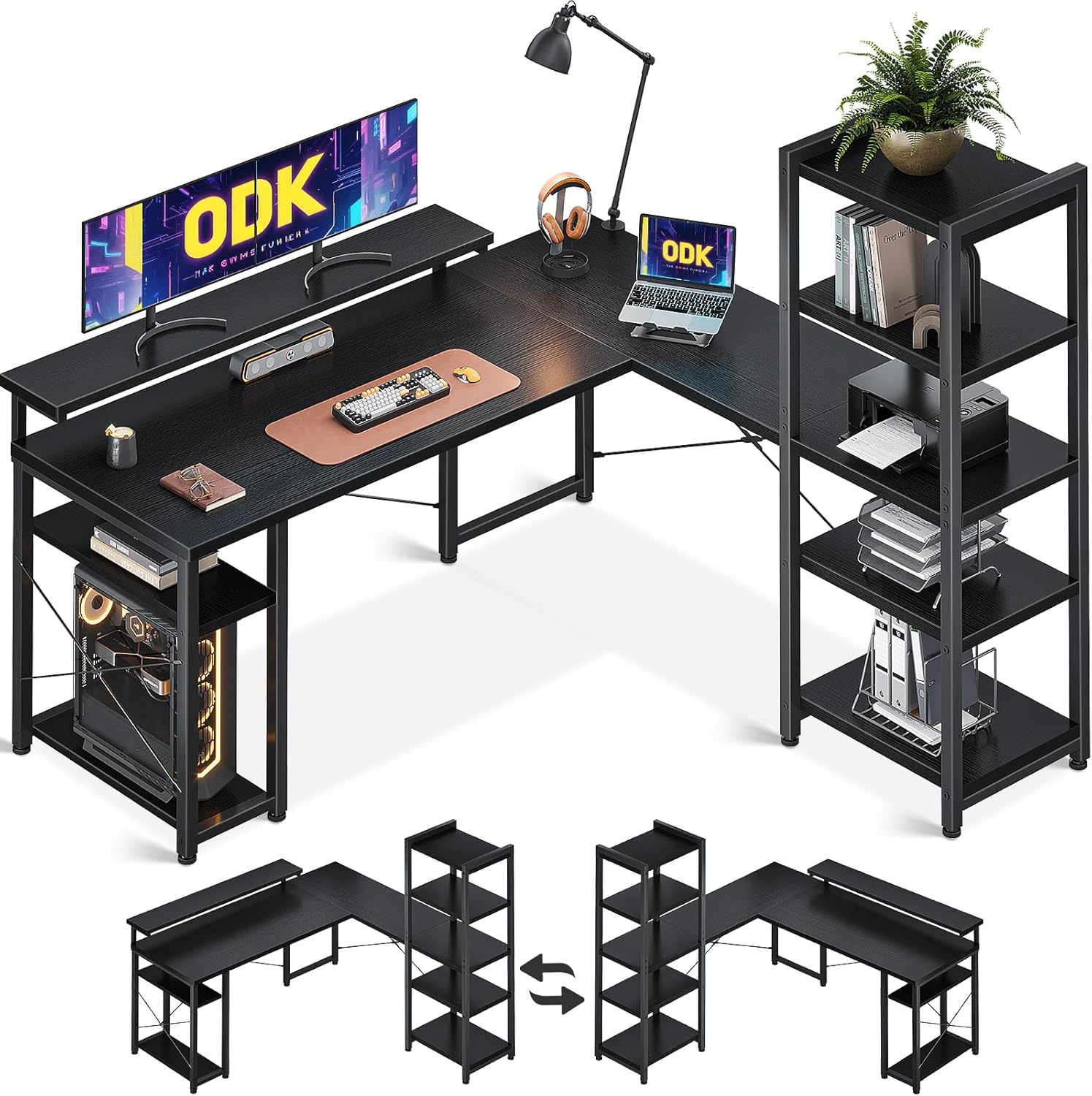 Escritorio Esquinero, Reversible Mesa Escritorio con Soporte Monitor, Escritorio and L con Estantes Almacenaje Negro 155×120 cm