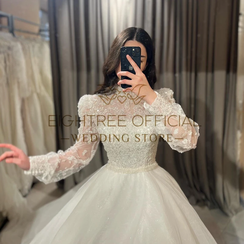 Eightree 우아한 A 라인 웨딩 드레스, 퍼프 슬리브 스팽글 공주 웨딩 가운, 보호 해변 신부 무도회 원피스, 맞춤형