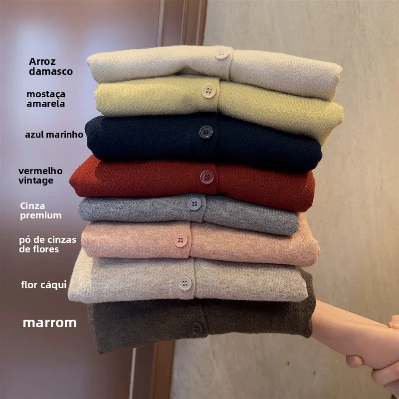 Cardigan Aberto de Lã Fina e ga da Pele, Versão Coreana para Mulheres, Estilo Solto com Decote em V, Suéter Curto