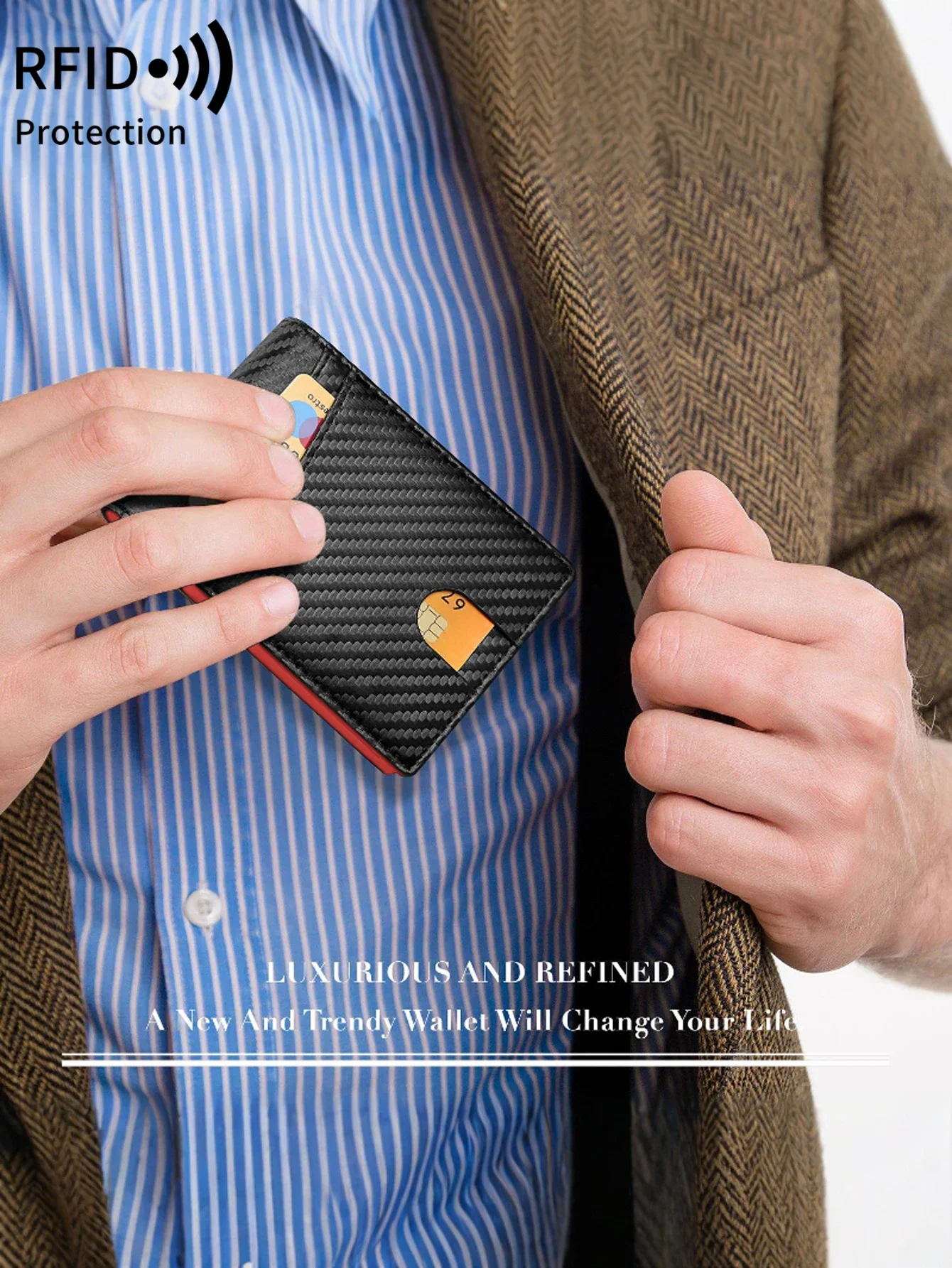 RFID Blocking Ultra Thin Trifold Wallet Carbon Fiber Pattern Credit Card Holder with 2 ID Windows Multiple Card Slots