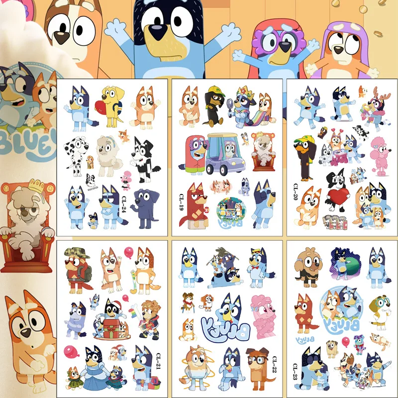 6 hojas/juego de pegatinas de tatuaje Bluey, tatuajes falsos temporales para niños, pasta en la cara, brazo, pierna para niños, regalo de cumpleaños y Navidad