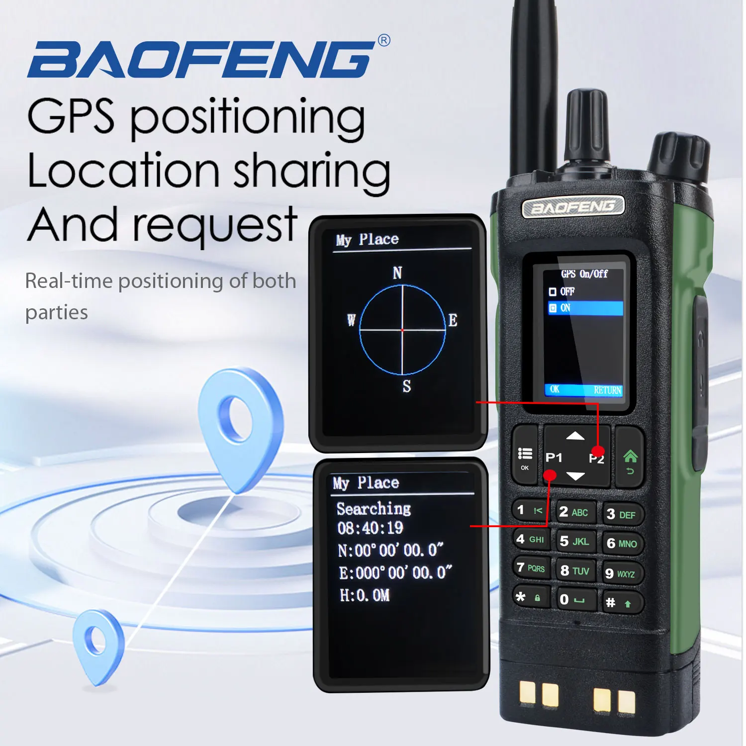 Baofeng UV-32 Multi-band 10W GPS Bluetooth Program Air Band FM Walkie Talkie 2.0” HD Display 2200mAh USB-C Charging Battery