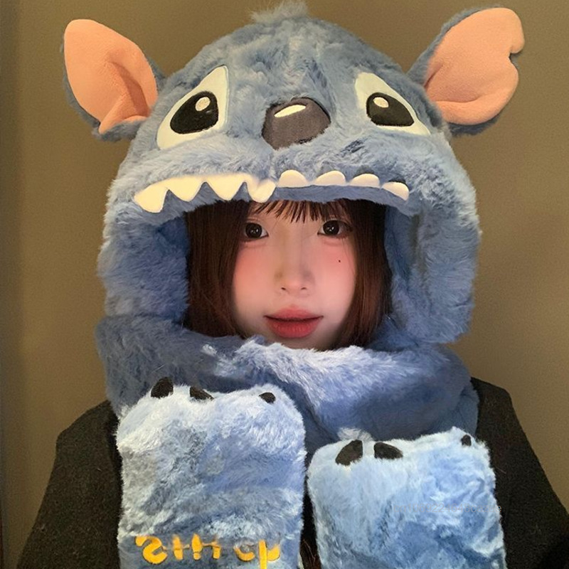 Disney Stitch Chip&Dale Damen Wintermütze Schal Einteiler Koreanische Version Trend Niedlicher Cartoon Plüsch Warme Handschuhe Hüte Schals Set