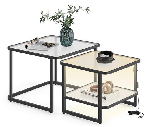 VASAGLE Couchtisch, 2er-Set mit LED-Beleuchtung, quadratischer Beistelltisch
