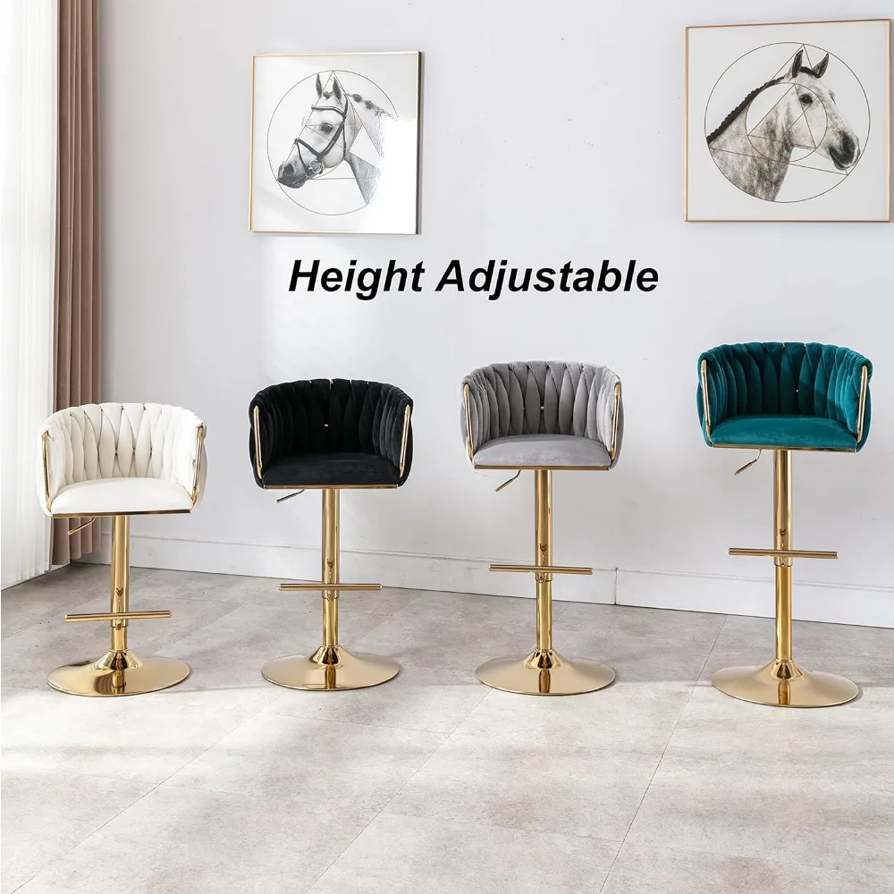Modern Swivel Bar Stools Set of 2, Velvet Adjustable Height Barstool with Barrel Back Kitchen Island Counter Bar Chair with Gol