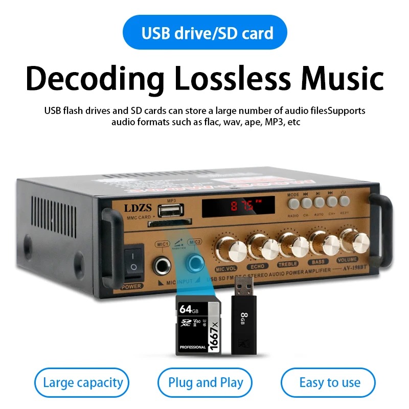 BT-198E Bluetooth-Audioverstärker 35 W × 2/12 V DC/220 V AC-Eingang/USB SD AUX MIC-Eingang/Zweikanal-Leistungsverstärker