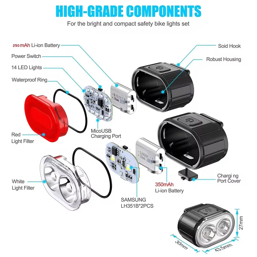 Luces delanteras y traseras para bicicleta, linterna USB recargable para iluminación de bicicleta, accesorios para linterna delantera/trasera/juego