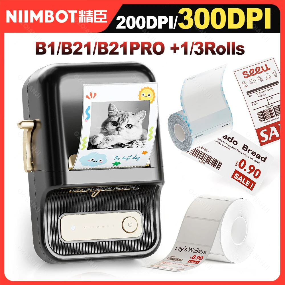 Niimbot 200 dpiB21 300 dpi B21PRO Etikettendrucker, Tagpreis, tragbarer Thermo-Etikettendrucker mit weißen Fotoetiketten für Bäckerei/Geschäft