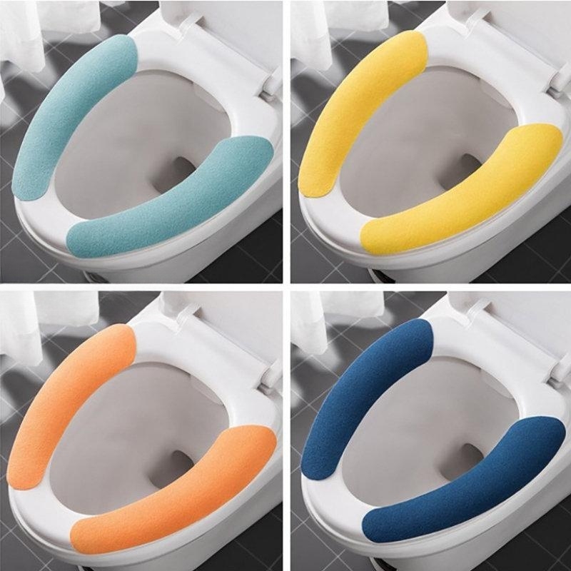 2 unid/set, pegatina de franela cálida reutilizable para inodoro, fundas para asientos de inodoro, relleno de asiento de inodoro lavable, alfombrilla de baño, funda Universal para asiento