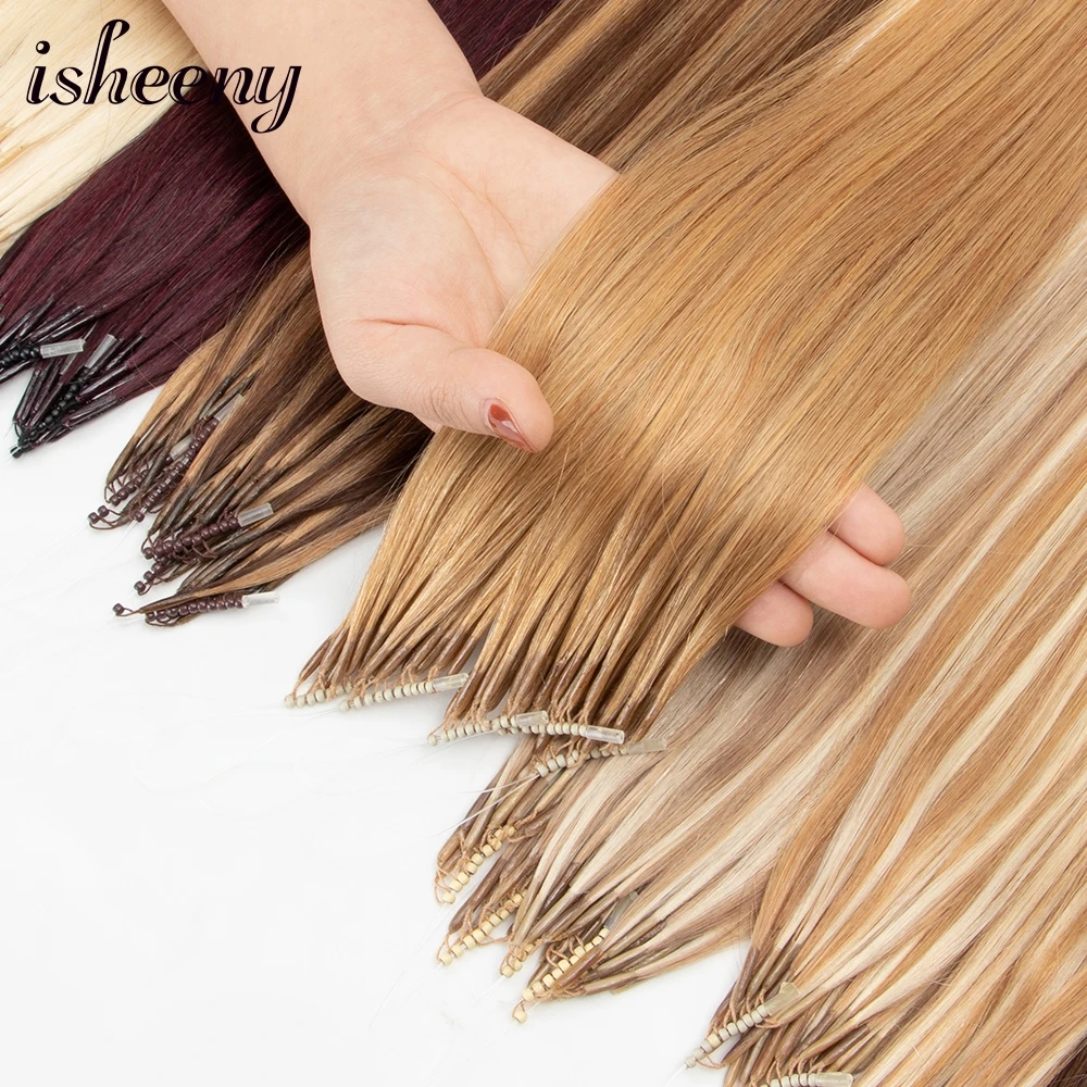 Isheeny 8d extensões de cabelo humano loira 12 "16" 20 "nano anel link extensões 0.6 g/s máquina remy humano microlink contas cabelo