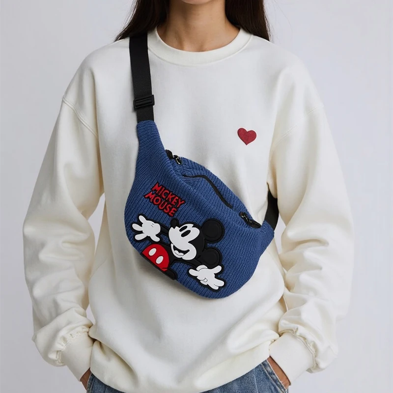 Cord-Brusttasche, 3D-Mickey-Mouse-gestickte Umhängetasche für Kinder, modische blaue Hüfttasche