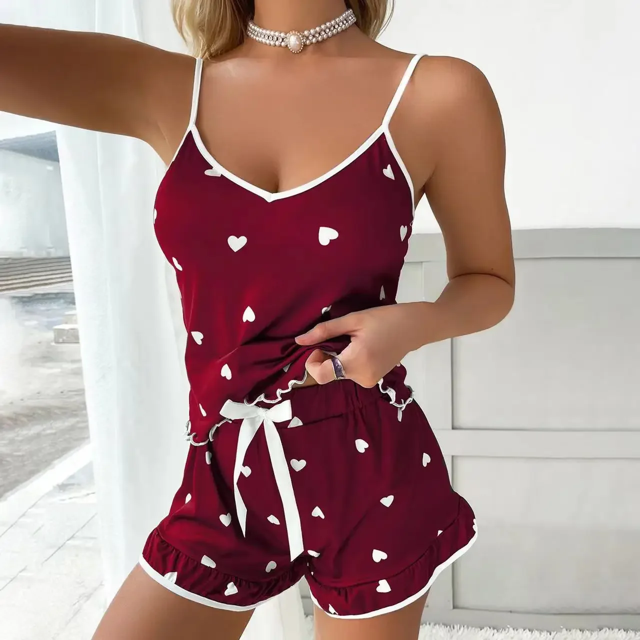 Verão venda quente feminino sem mangas cinta conjunto de duas peças casa pijamas macio drapey bonito coração impressão pijamas conjunto