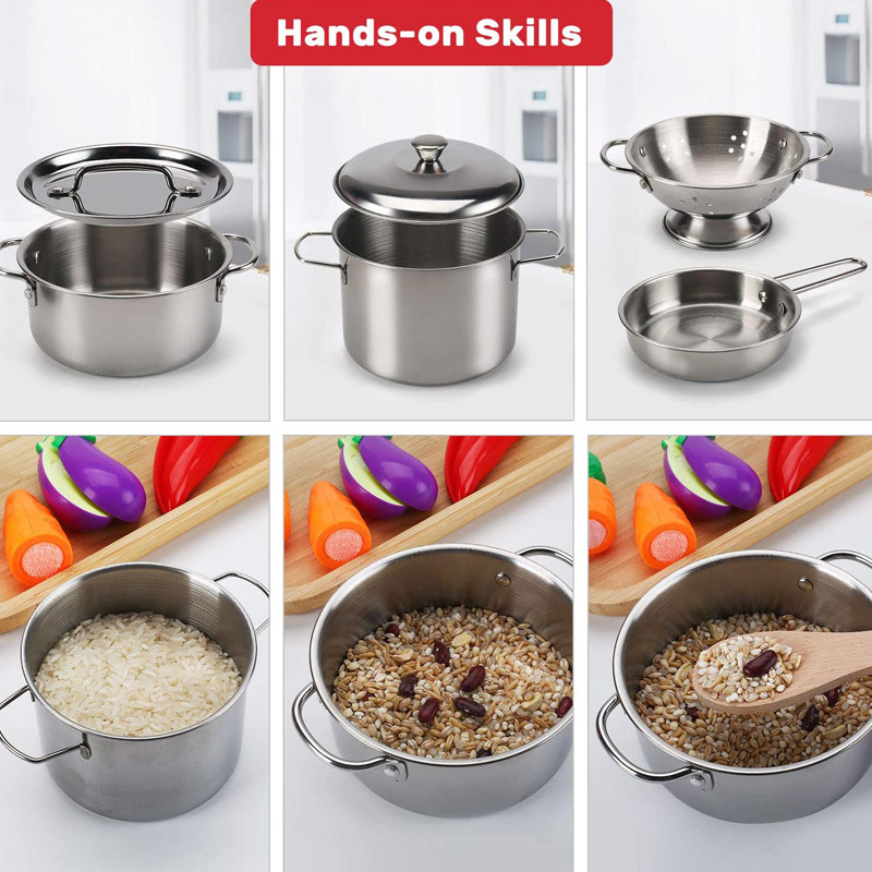 Jouets de casseroles et poêles pour enfants, ensemble de jeu de cuisine, ustensiles de cuisine en acier inoxydable, mini ustensiles de cuisine, jouets de développement