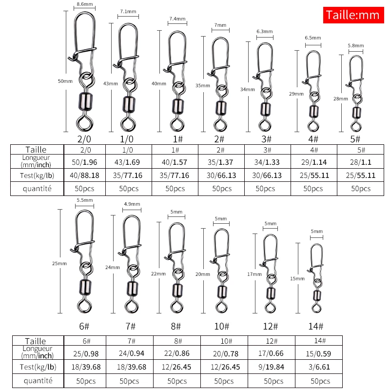 MEREDITH 50 pièces accessoires de pêche au brochet connecteur roulement à broche pivotant en acier inoxydable mousqueton hameçon leurre émerillons attirail