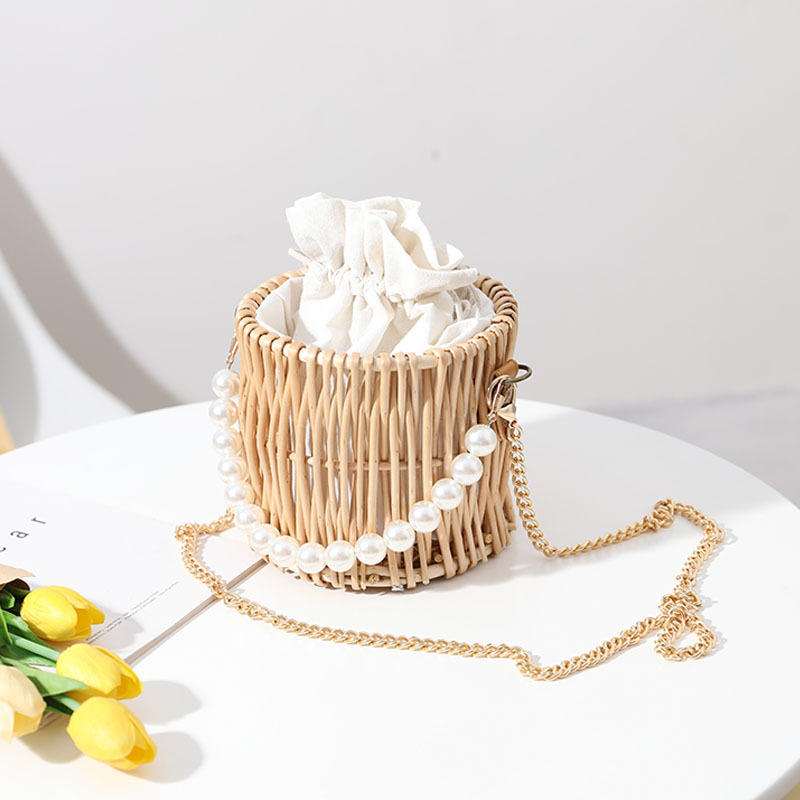 Bolso de paja tejido a mano para mujer, bolsa de cubo Manual con perlas de un hombro, 2024