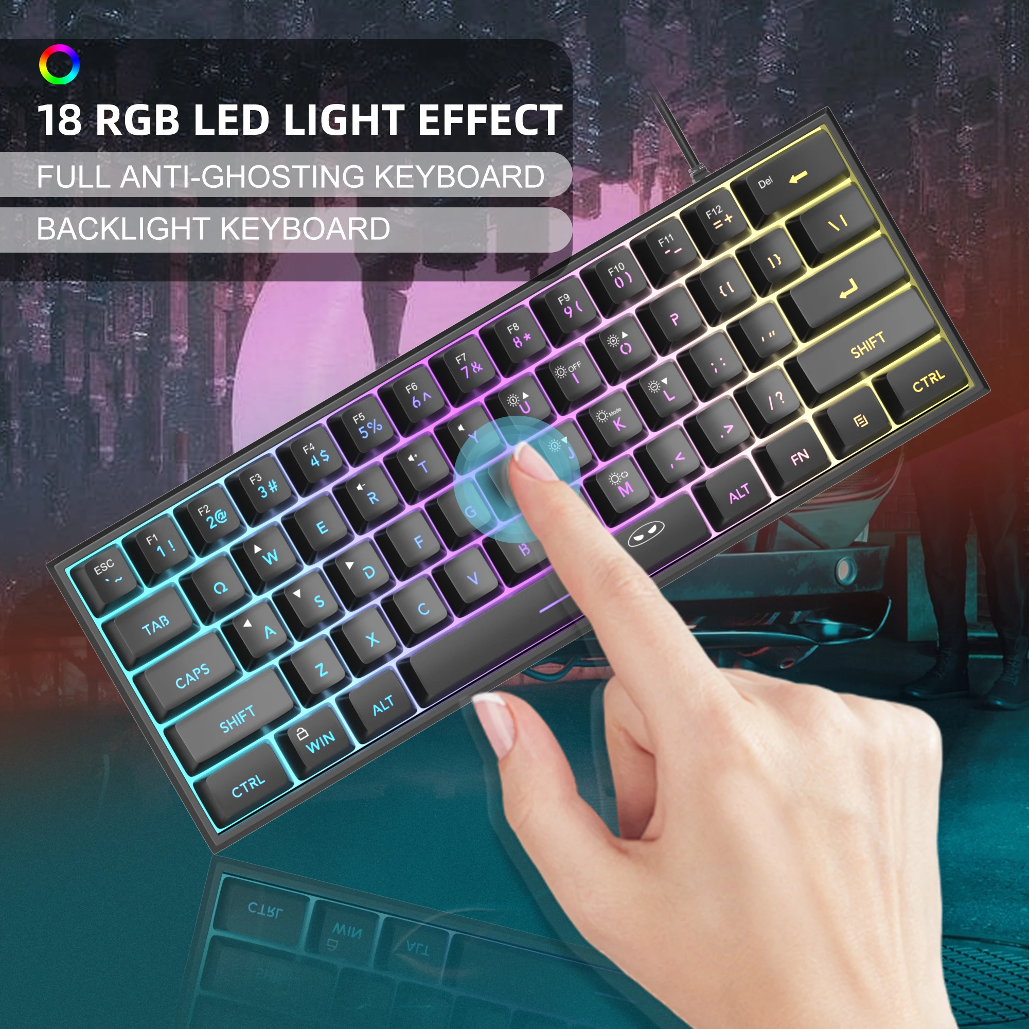 MageGee ミニ 60% ゲーミングキーボード、RGB バックライト付き 61 キー超コンパクトキーボード、TS91 人間工学に基づいた防水メカニカルフィーリングオフィス