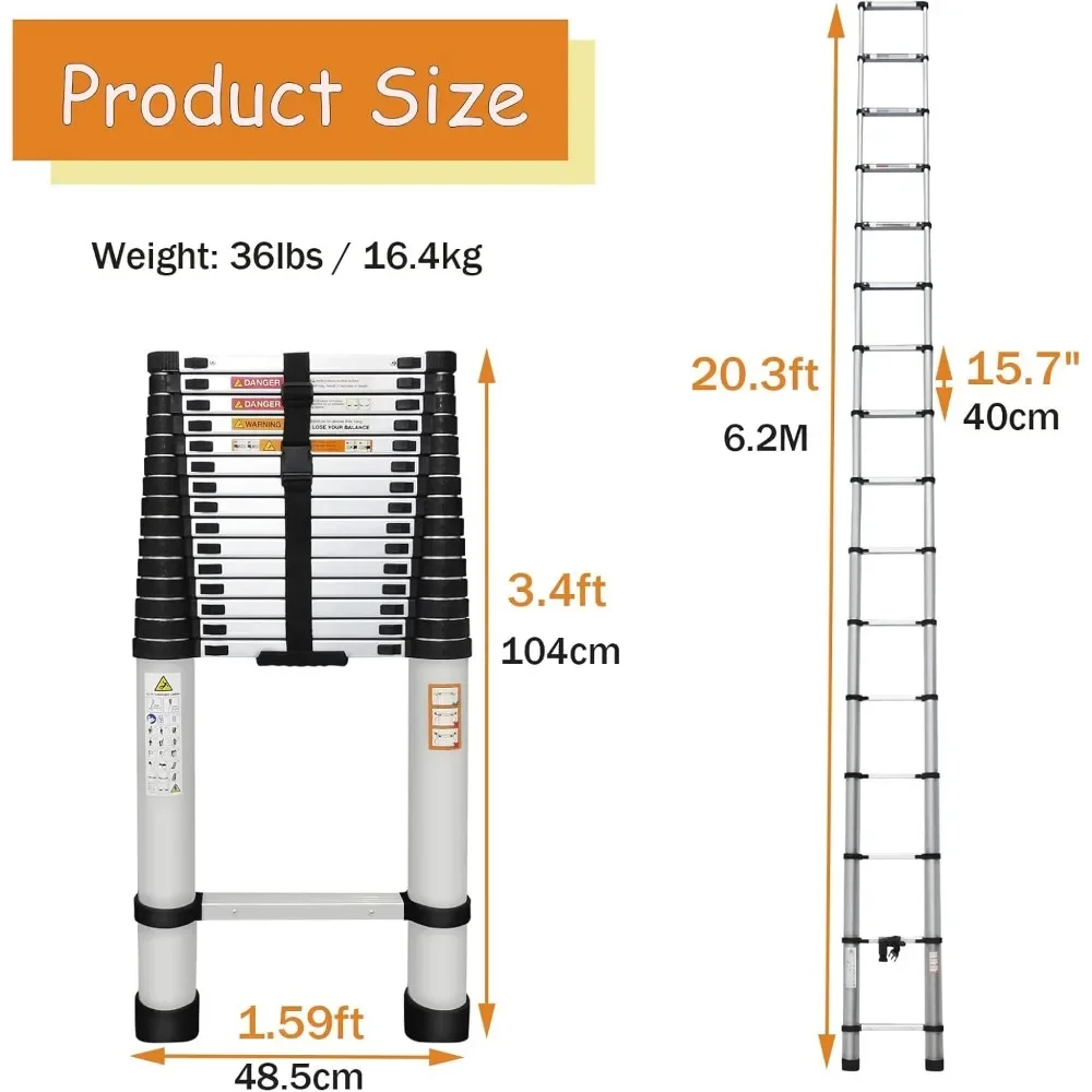 Aluminum Telescopic Ladder with 2 Detachable Hooks, 36lbs Weight, Adjustable Height, 330lbs Load for Home or Industrial Use