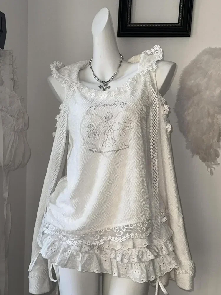 Harajuku dulce encaje bordado volantes Sudadera con capucha Tops mujeres + faldas de pastel fruncidas de cintura alta 2025 principios de otoño nuevos conjuntos de dos piezas