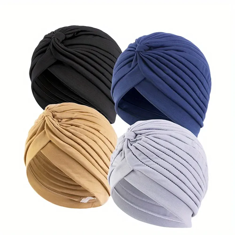 4 teile/satz Einfarbig Turban Kappe Elastische Motorhaube Kopf Schal Frauen Chemo Hüte Casual Plissee Kopf Wrap