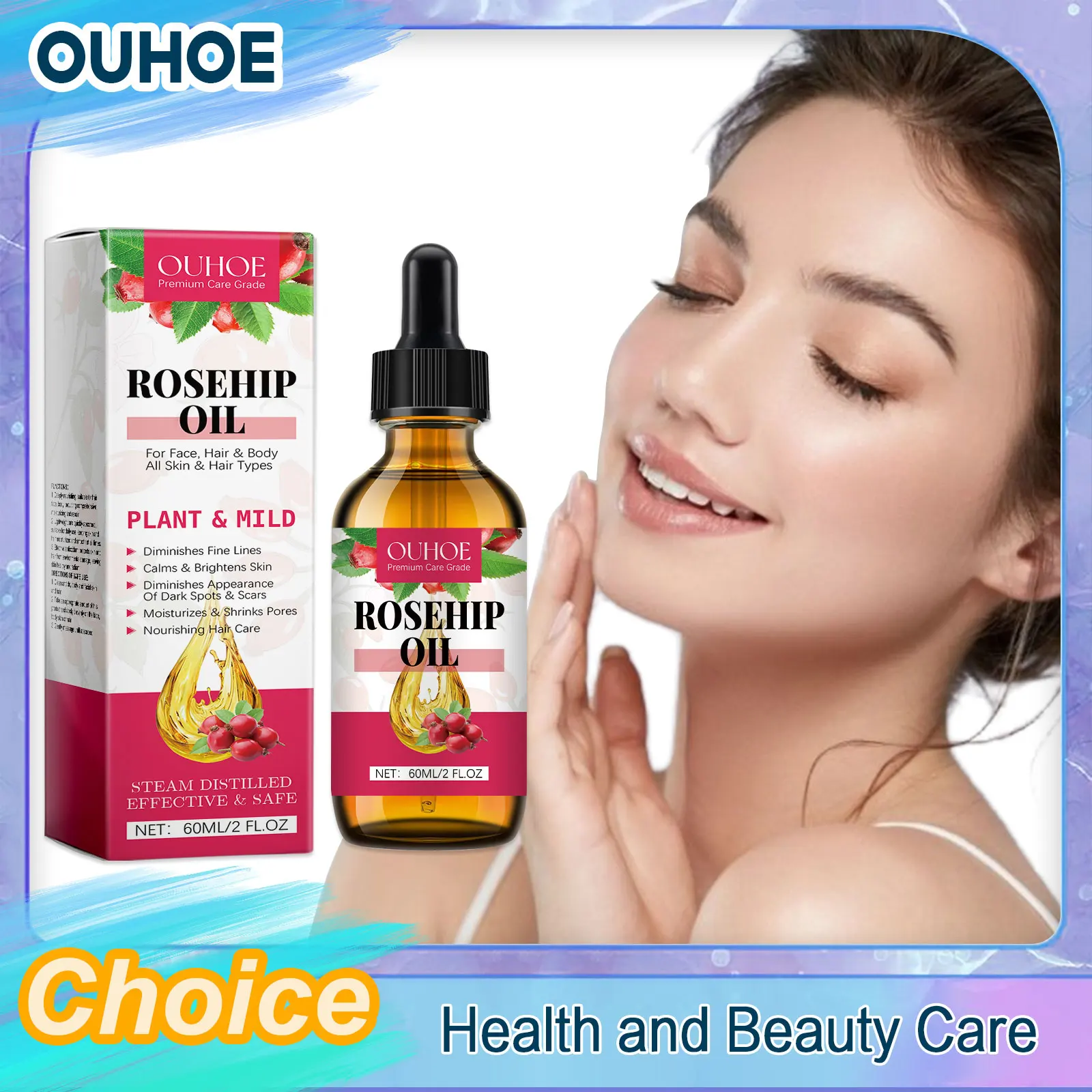 Organic Rosehip Oil Antioxidant Improve Fine Lines Wrinkles Firming Lifting Repair Moisturizer Nourish Smooth Hair Skin Care Oil