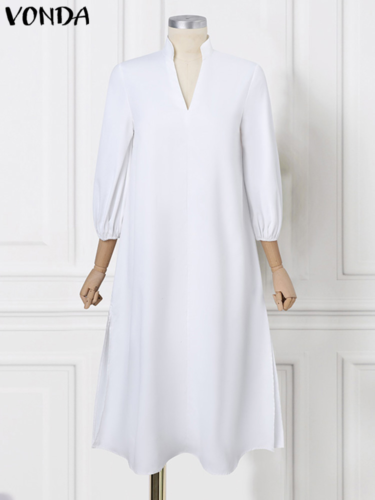 プラスサイズ 5XL VONDA 女性オフィスドレス 2025 ロングマキシサンドレスカジュアル無地エレガントな弾性ルーズ A ラインドレス Vestidos