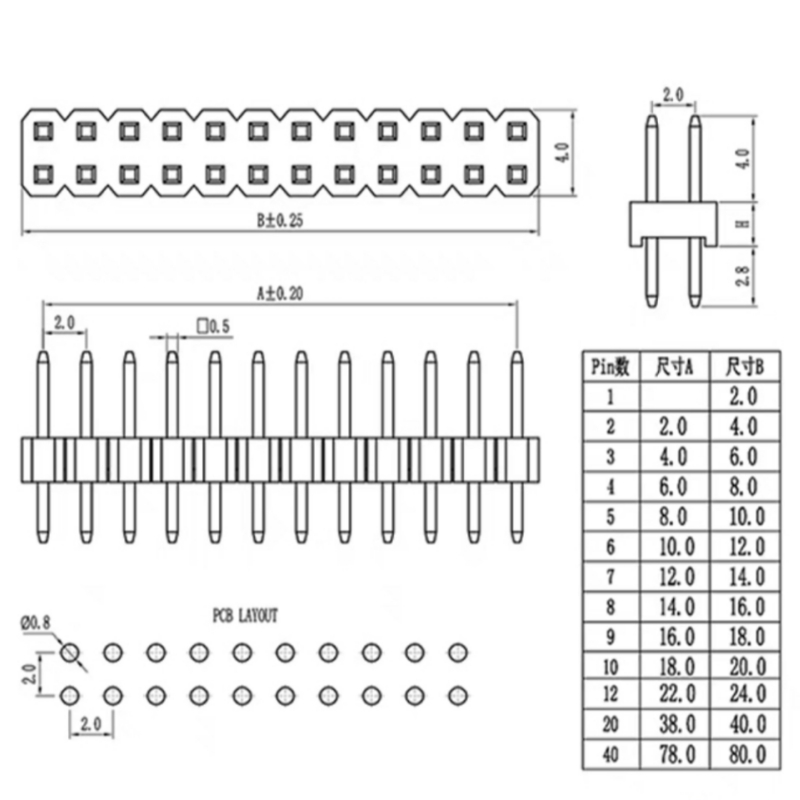 10Pcs DIP Zweireihig Weibliche/Männliche Header Buchse Pitch 2,00mm 2*2p 3p 4p 5p 6p 7p 8p 9p 10p 12p 15p 20p 40Pins Stecker Diy PCB