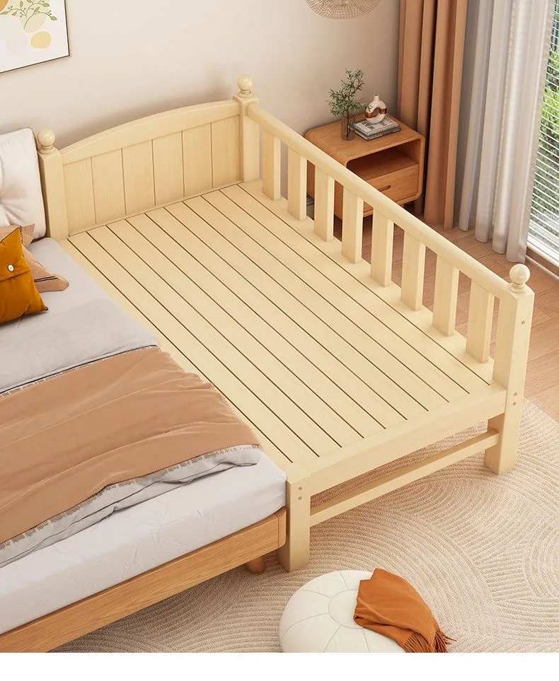 Cama de emenda infantil de altura ajustável, estrutura de madeira sólida mais ampla com guarda-corpo, cama de solteiro para bebês, berço infantil, segurança e conforto