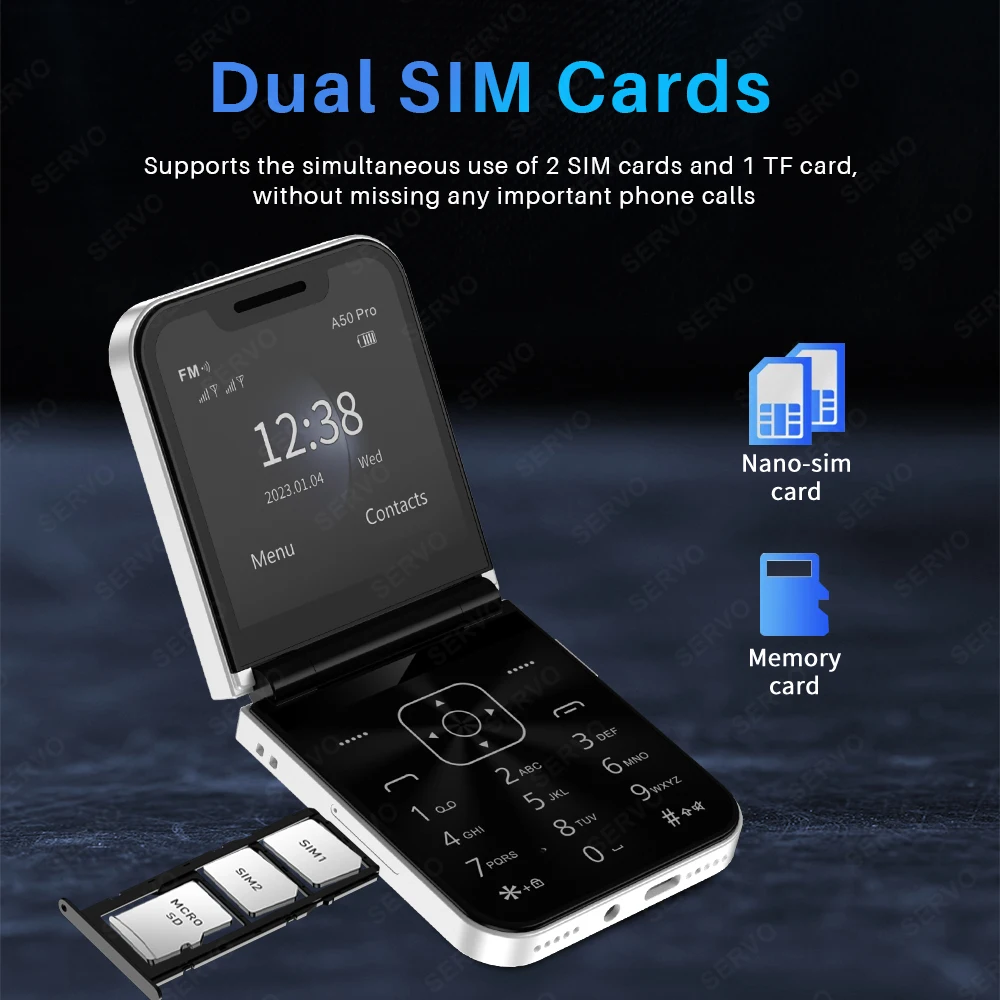 โทรศัพท์มือถือพับได้ SERVO A50 PRO รองรับสองซิม บันทึกเสียงสนทนา โทรด่วน รายการดำ วิทยุ FM 2G GSM โทรศัพท์แบบกดปุ่ม