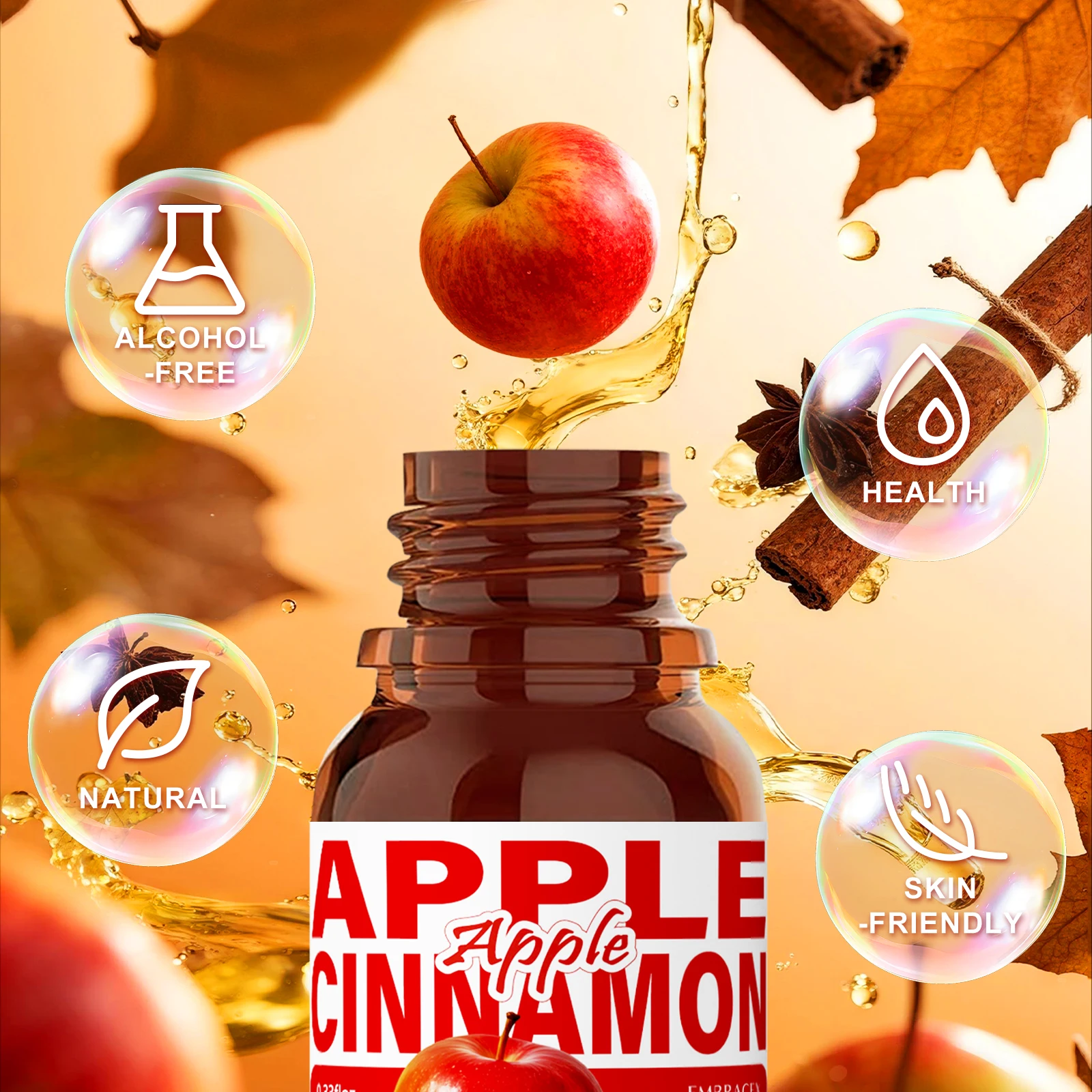 Óleo essencial de maçã e canela, 10ml, óleos de aromaterapia, fragrância doce, presente engraçado para mulheres, cuidados com a pele sem álcool, cuidados com os cabelos